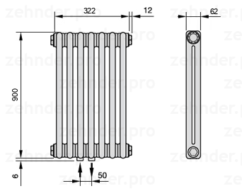 Схема (чертеж) Радиатор Zehnder Charleston 2090/7 №3470 Белый глянцевый RAL 9016
